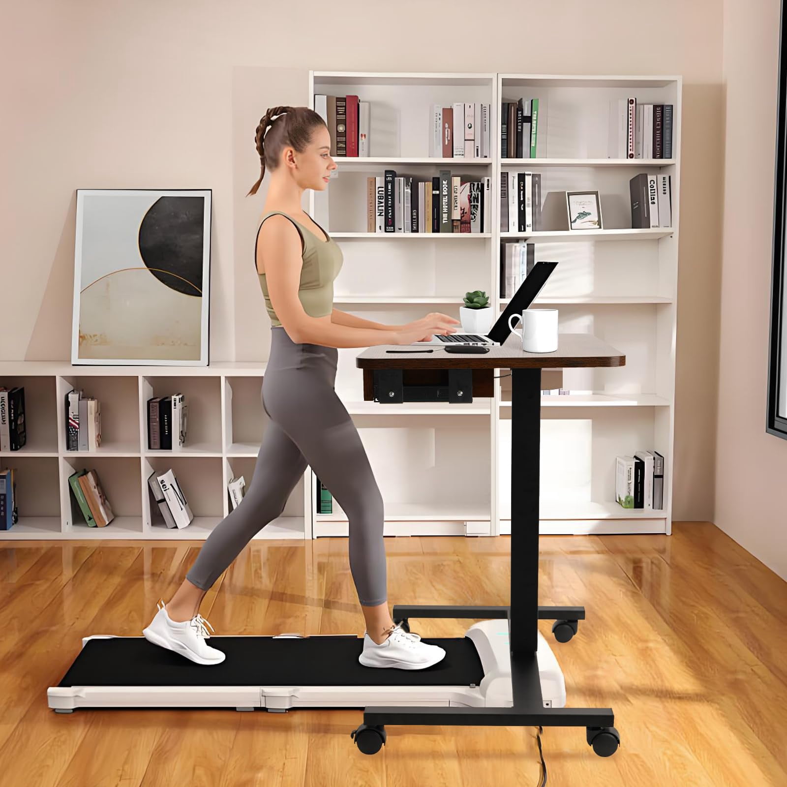 CLATINA Mobile Laptop Standing Desk, Height Adjustable Teacher Podium with Lockable Wheels, Adjustable Work Table with Drawer, Computer Cart Overbed Table for Home Office Classroom, Brown