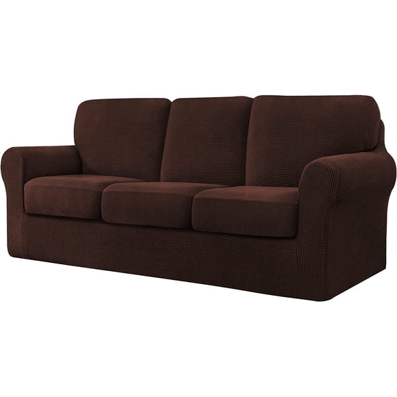 Set of 7 Check Spandex Jacquard Sofa Covers, 3 Seater Sofa Covers (Large, Chocolate)
