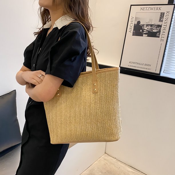 Bolsa Bolso de hombro de paja para mujer Bolsos grandes casuales de PU de verano (caqui tejido) Ehuebsd Nuevos Originales