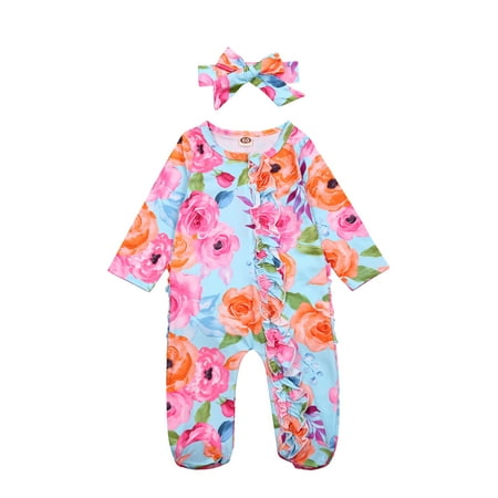 

Sunisery Newborn Infant Baby Girl Romper Flower Ruffle Footed Bodysuit Jumpsuit + Headband Spring Autumn Outfits Pink Blue Rose 3-6 Months