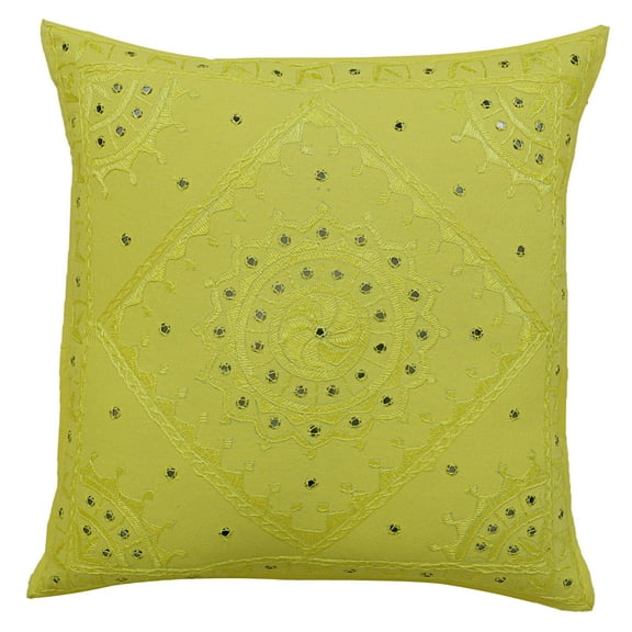 Stylo Culture Indian Decorative Throw Pillow Cover 24 x 24 Big Hand Embroidered Lemon Yellow Bohemian 60cm x 60cm Home Decor Cotton Mirrored Square Cushion Cover | 1 Pc