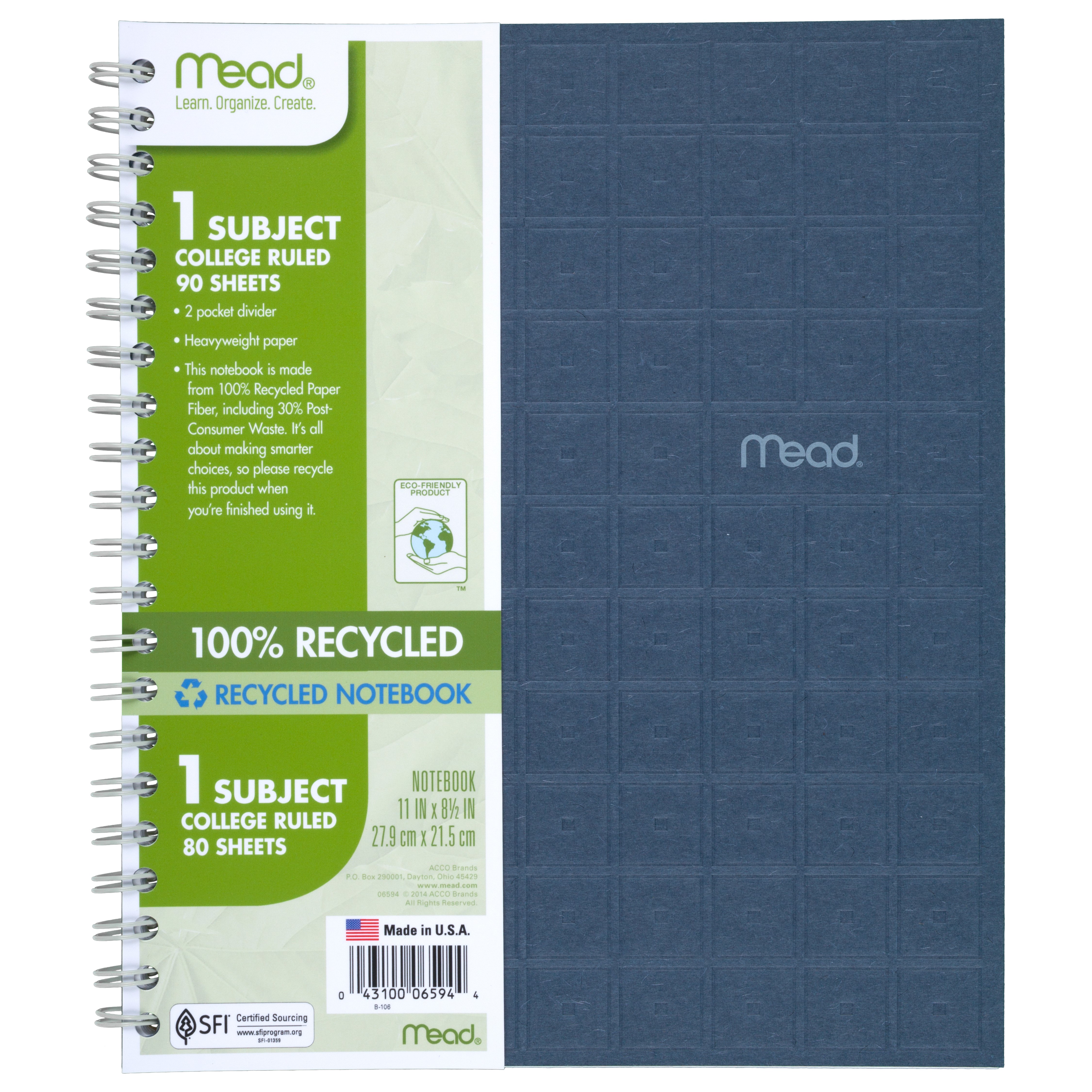 Mead Recycled Notebook, 80 ct., College, Indigo