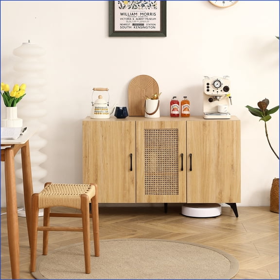 Sideboard with Rattan Mesh Doors | 45.3” Large Storage Cabinet | Melamine & Carbon Steel