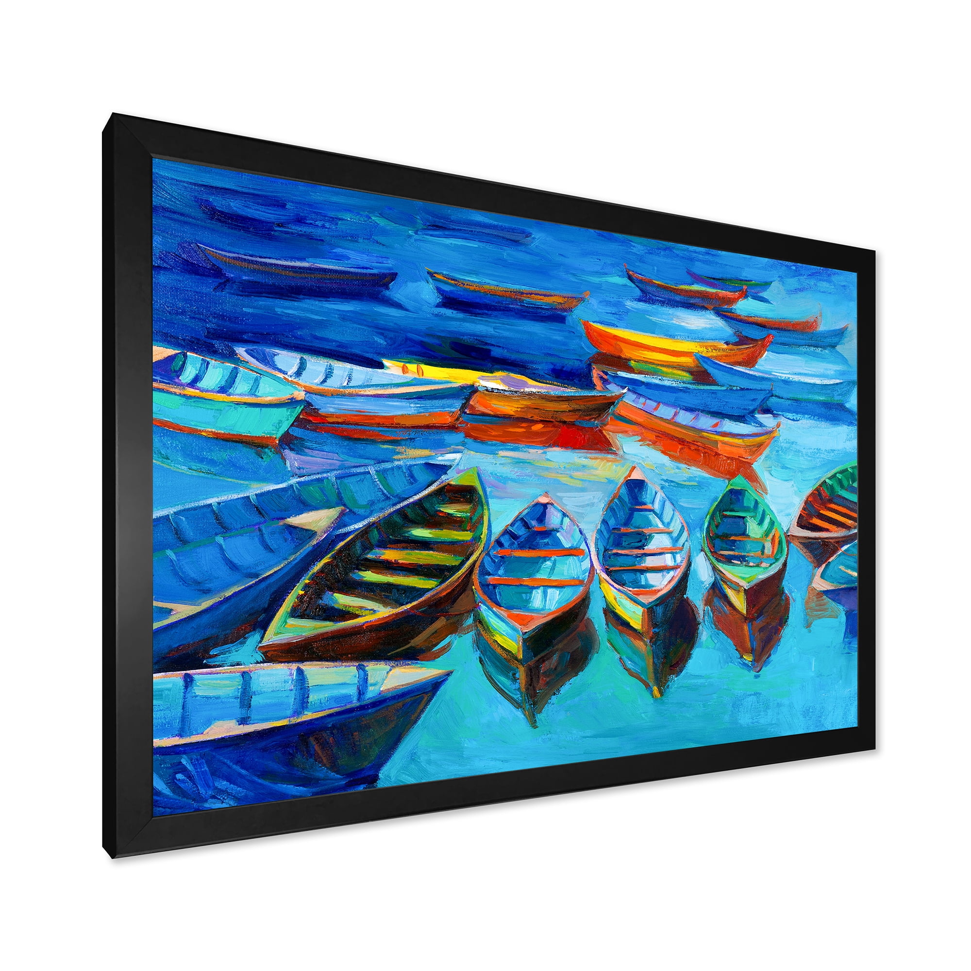 Designart 'Little Boats Wating In The Blue Harbour' Nautical & Coastal Framed Art Print