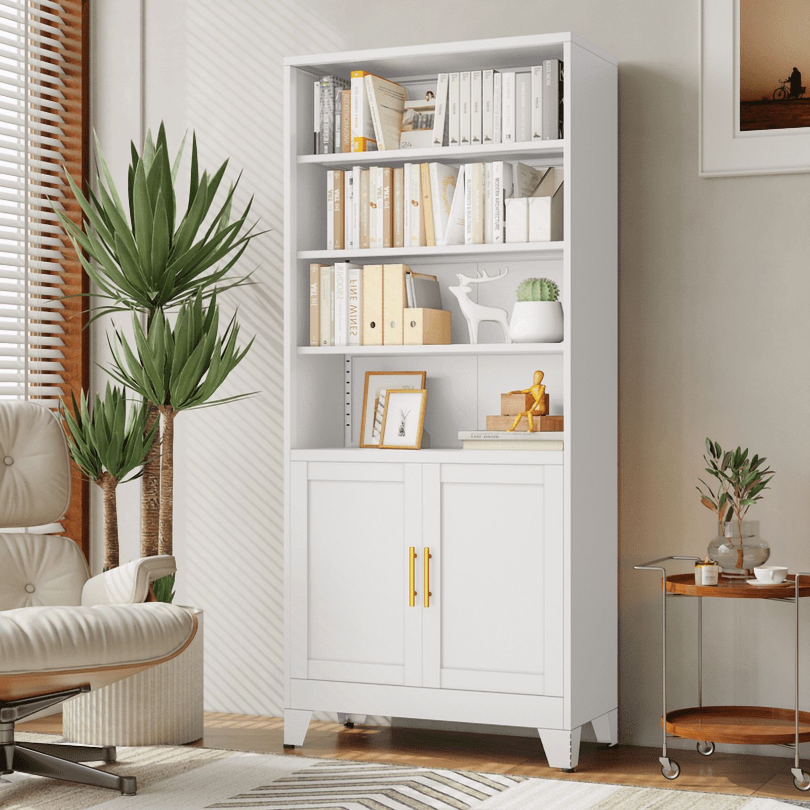 71"H Tall Metal Bookcase/Bookshelf with Doors And 4 Adjustable Shelves for Storage