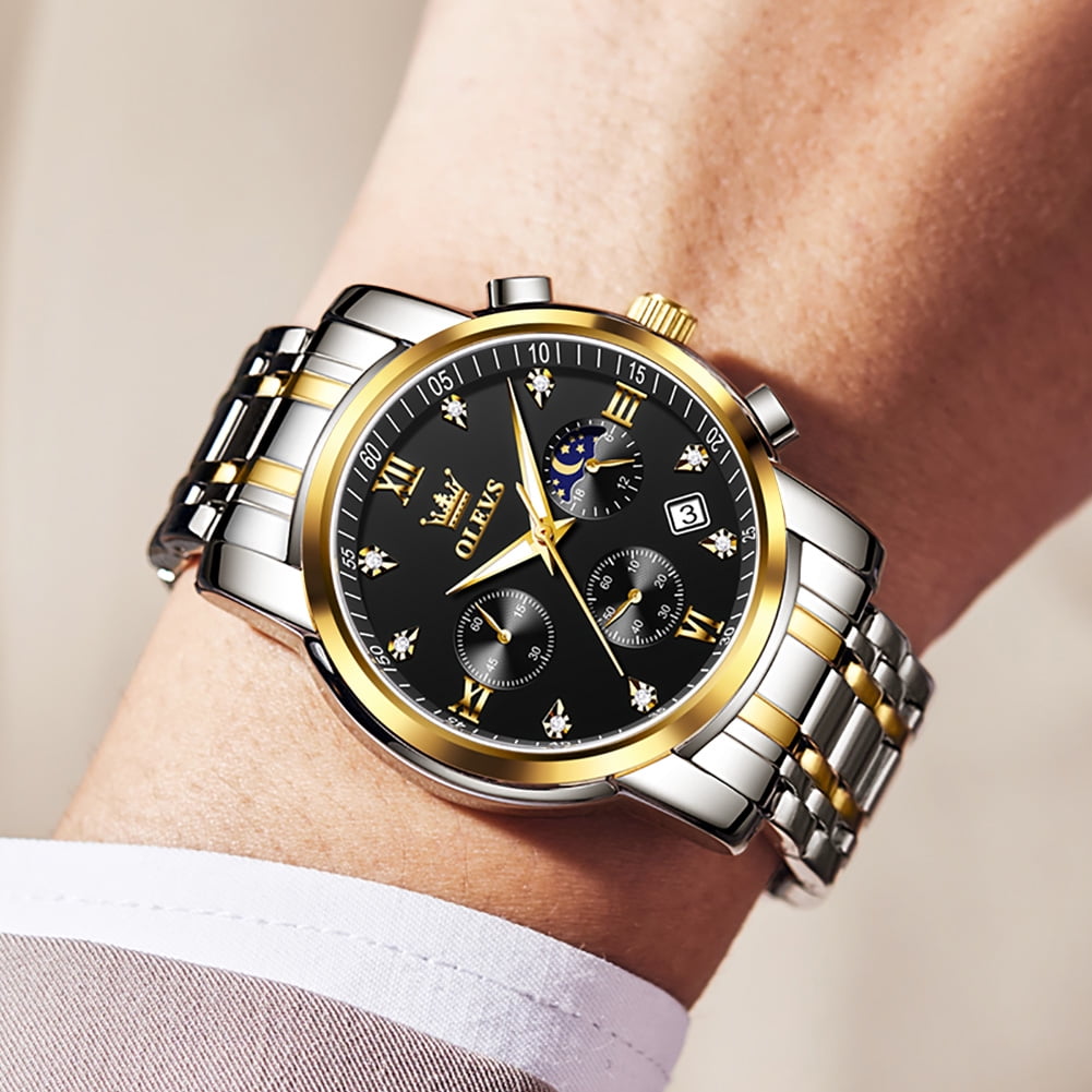 OLEVS Watches for Men Luxury Dress Casual Analog Quartz Gold Plated Stainless Steel Chronograph Moon Phase Waterproof Luminous Date Business Mens Wrist Watches Reloj Para Hombre