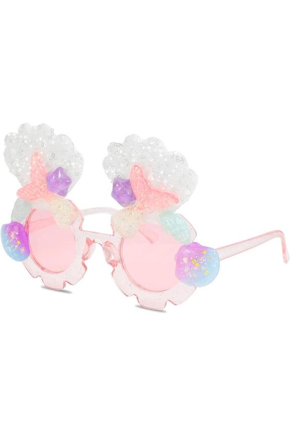 Kids Sunglasses for Girls, Mermaid Shells Round Flower UV Protection Sunglasses for Outdoor Beach Holiday Cute Eyewear Party Accessories, Age 3-12 Years