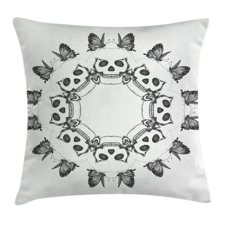 - Mandala Decor Throw Pillow Cushion Cover, Gothic Trippy Circular Dead Skull Bones Heads with Butterflies Sacred Life Image, Decorative Square Accent Pillow Case, 20 X 20 Inches, Grey, by Ambesonne