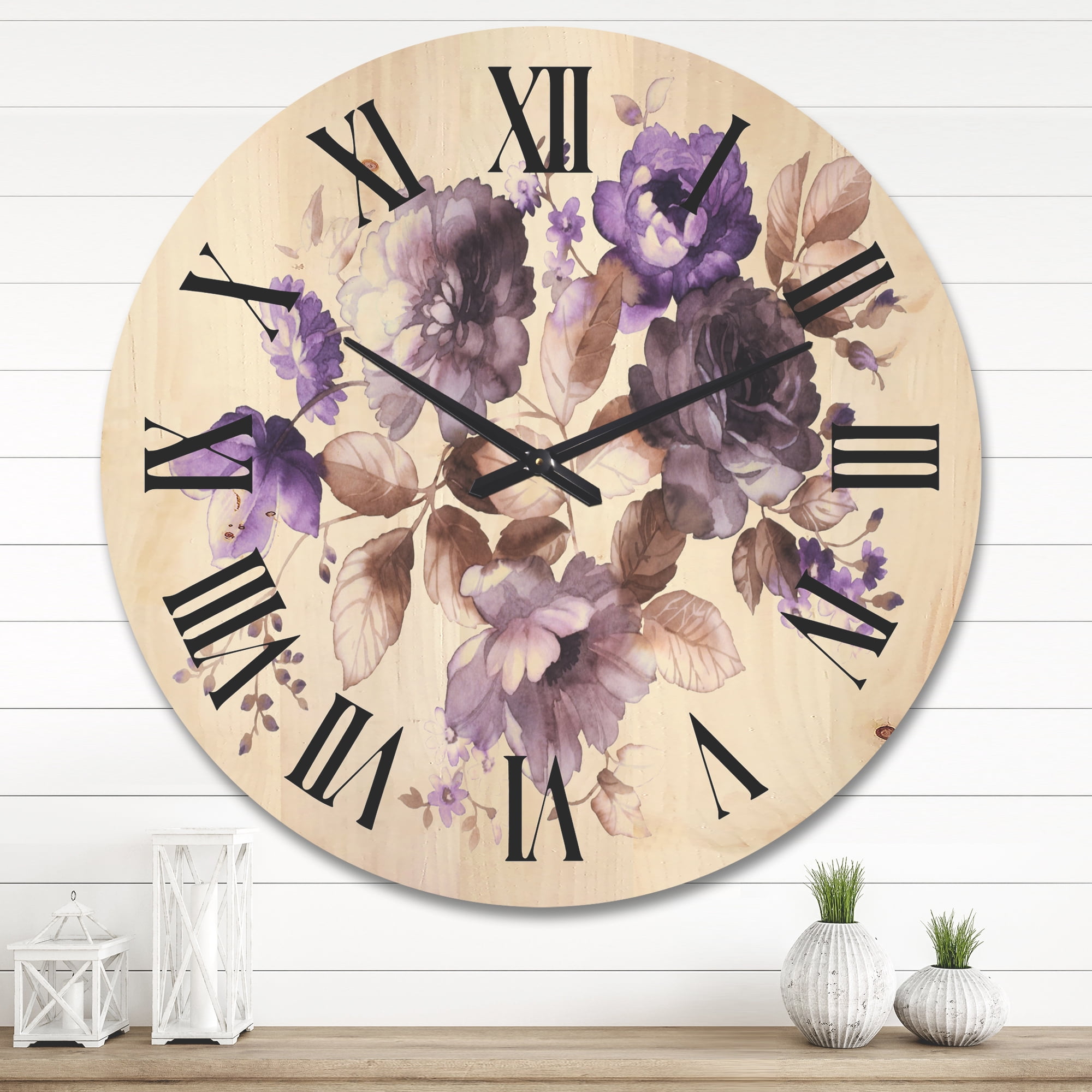 Designart 'Purple Retro Flowers With Brown Leaves On White' Traditional Wood Wall Clock