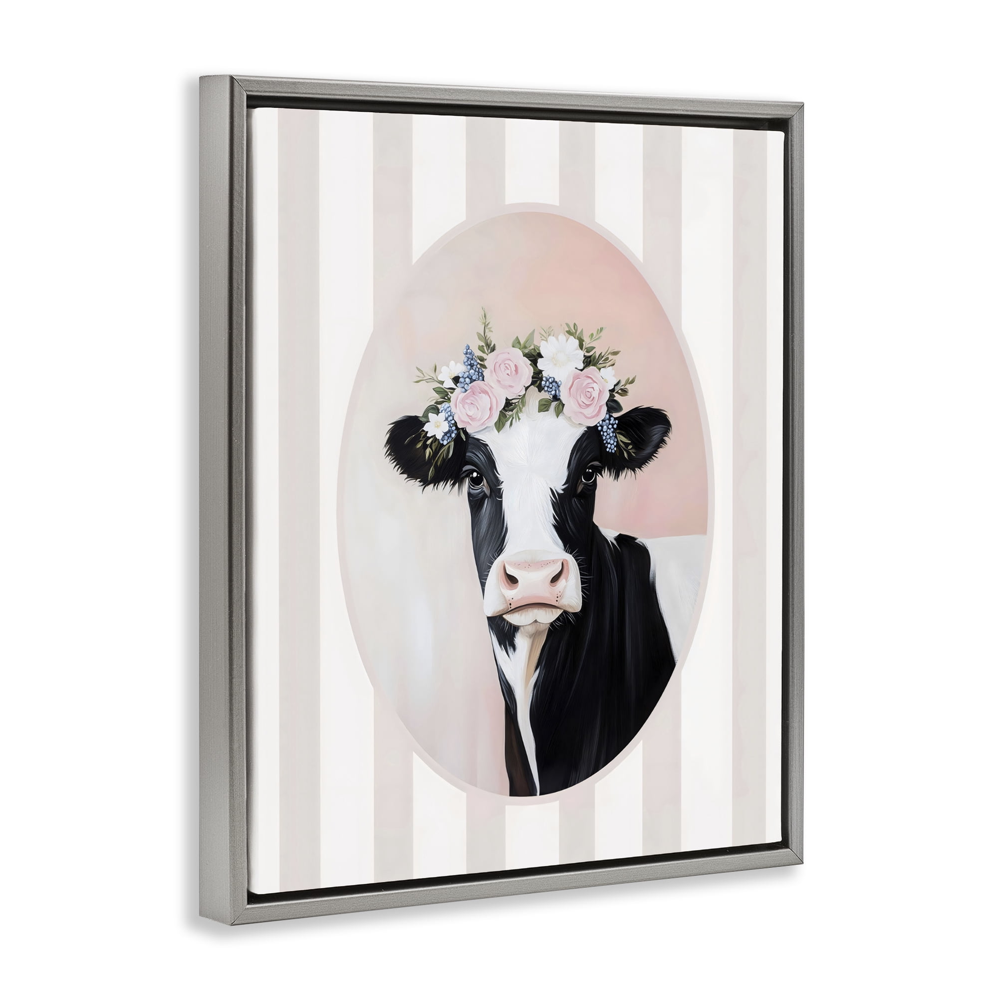 Stupell Industries Soft Cow with Floral Crown Gray Framed Floater Canvas Wall Art, design by Arlington Prints
