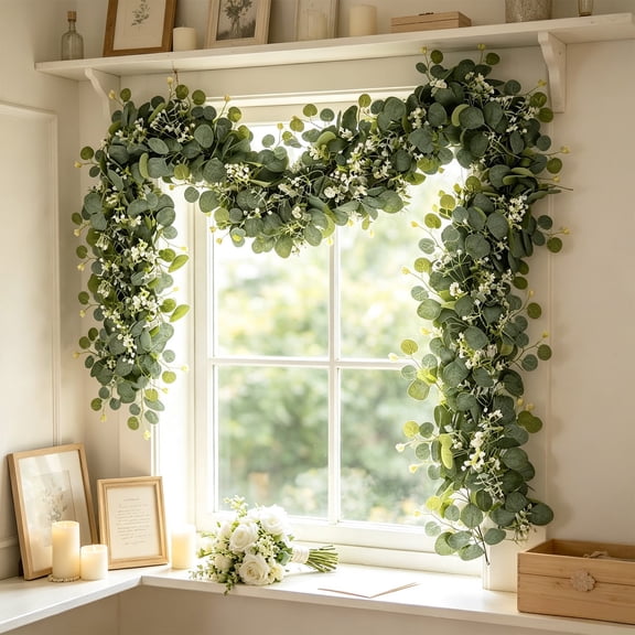 Artificial Eucalyptus Garland 5.9ft Faux Greenery Garland Vines with White Flower Boxwood Fake Hanging Plants for Wedding Home Party Table Mantle Wall Decor
