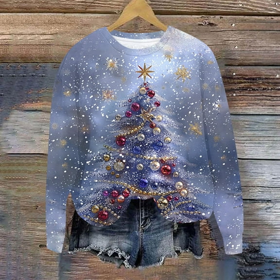 Ounisa Sequin Christmas Tree Sweatshirt Woman Christmas Crewneck Sweater Xmas Gifts Top Casual Long Sleeve Tops