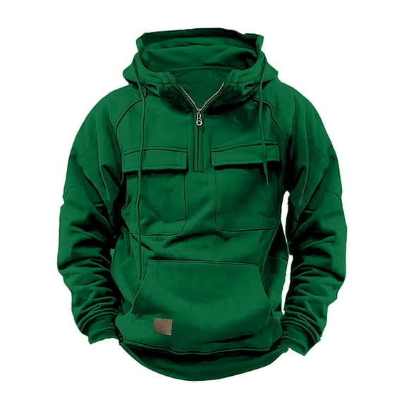 Pisexur Mens Hooded Sweatshirts Long Sleeve Quarter Zipper Cargo Hoodies for Men Fashion Drawstring Pullover Tops Casual Loose Running Workout Athletic Winter Jackets with Multi Pockets
