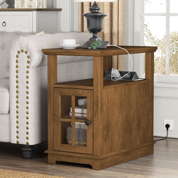 PLAMLE End Table for Living Room with Drawers, Retro Sofa Side Table with Charging Station, Nightstand Bedside Table with Storage For Bedroom