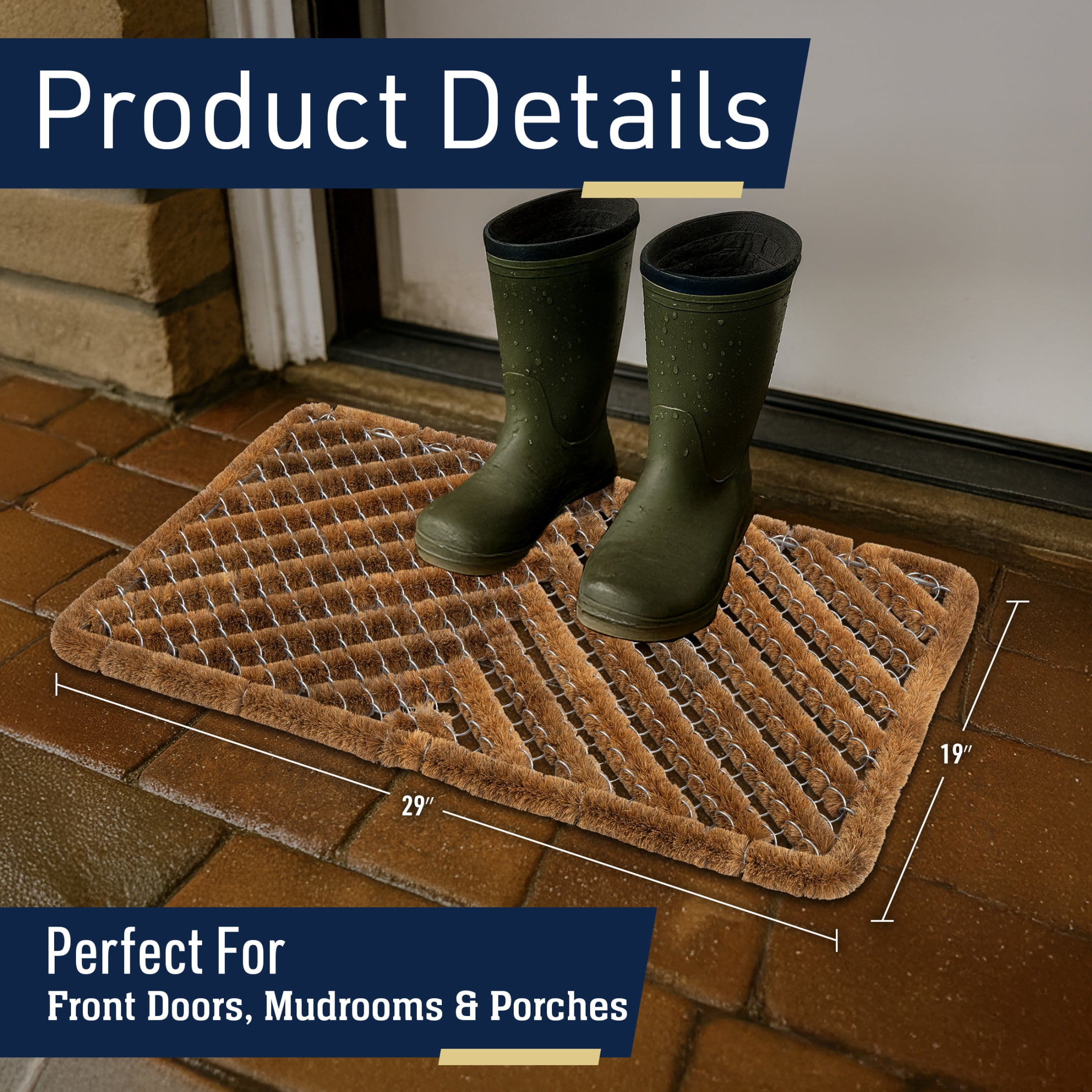 Kings County Tools 29x19” Natural Coir Doormat with Stainless Steel Mesh - Outdoor Welcome Mat