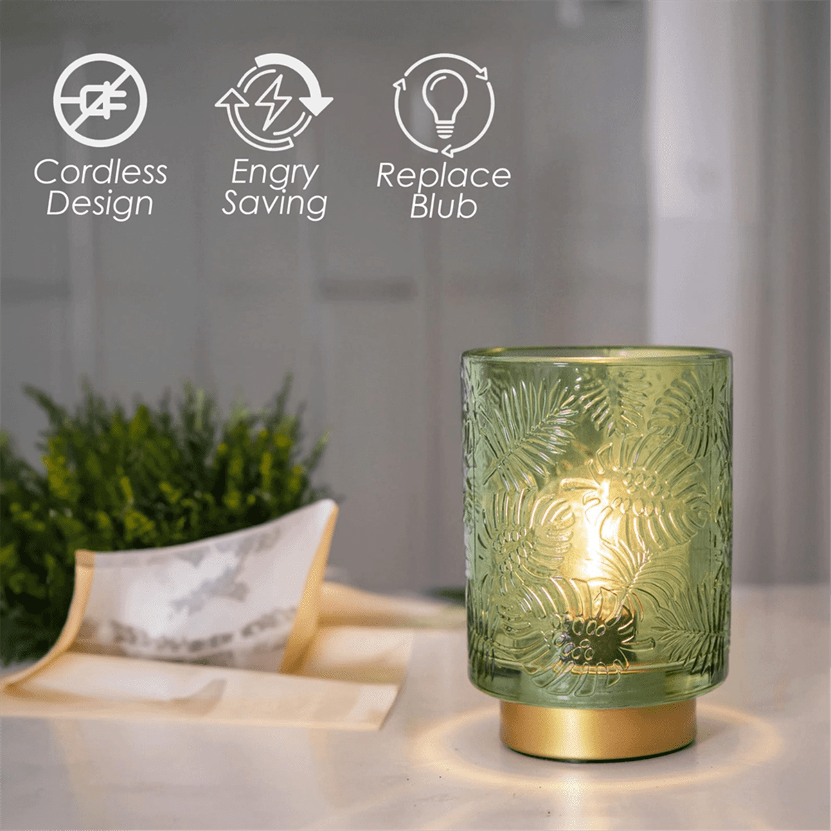Small Battery Operated Lamp - Portable Cordless for Home Decor, Glass Table with Decor Aesthetic Jade Green
