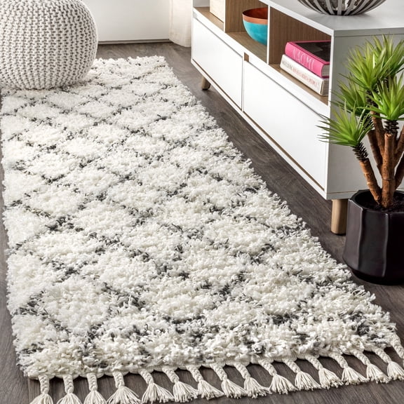 JONATHAN Y MERCER SHAG 2 x 8 Runner Rug, Mercer Plush Tassel Moroccan Geometric Trellis - Ivory/Gray, MCR101B-28