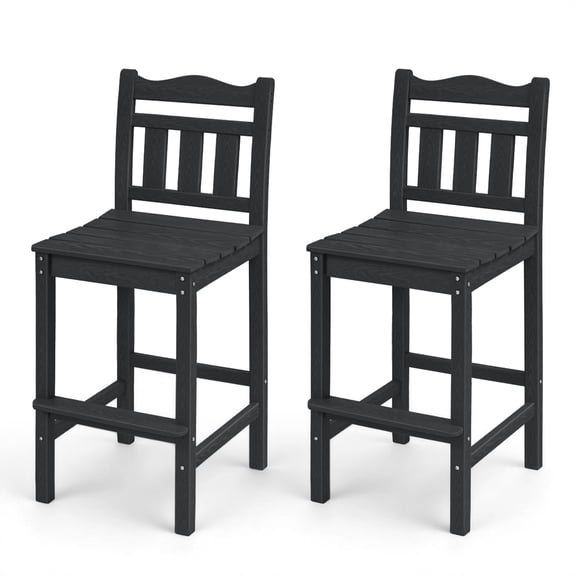 Outdoor Bar Stools Set of 2, HDPE Adirondack Bar Height Chairs with Backrest, 27.5" Seat Height, All-Weather Patio Bar Chairs for Balcony, Deck, Poolside, Bistro & Backyard (Black)