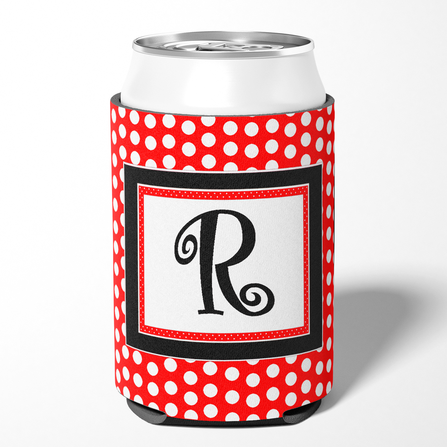 Letter R Initial Monogram - Red Black Polka Dots Can or Bottle Beverage Insulator Hugger