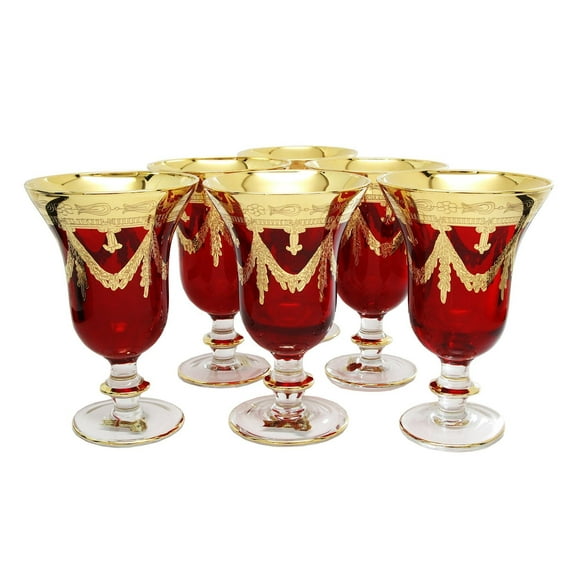 Interglass - Italy Ruby Red Crystal Wine Goblets Vintage Design 24K Gold Hand Decorated, 10 oz, Set of 6