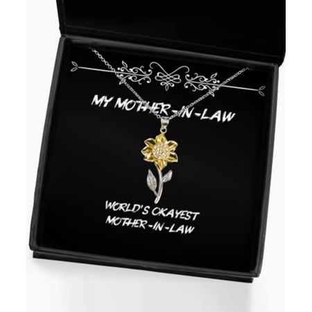 Joke Mother-in-Law Gifts, World's Okayest Mother-in-Law, Motivational Sunflower Pendant Necklace for Mother from Son