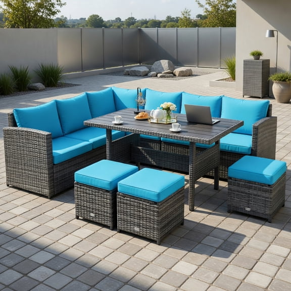 Resenkos 7-Piece All-Weather Wicker Patio Dining Set – Turquoise Cushioned Sectional Sofa with Ottoman & Coffee Table for Outdoor Living