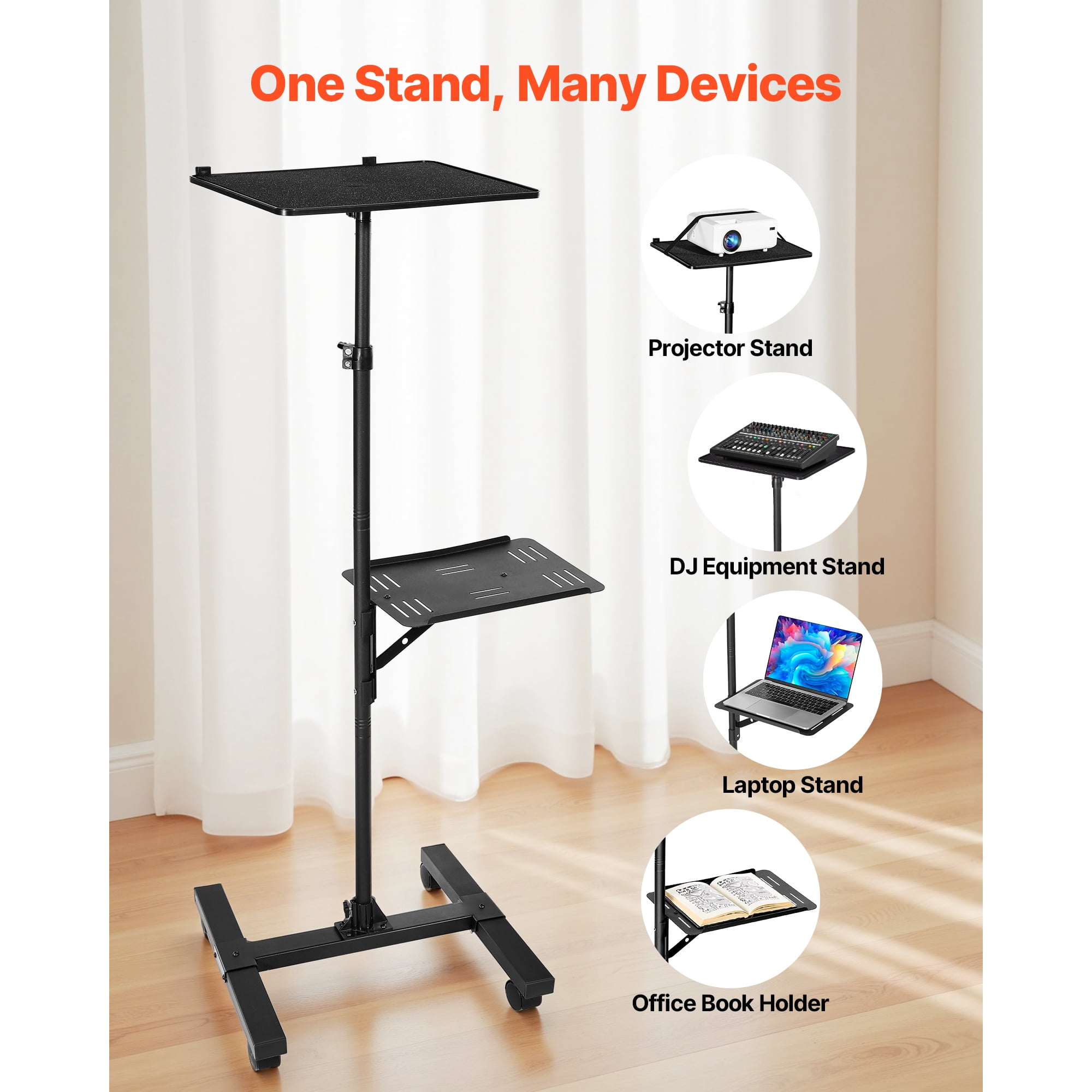 KFFKFF Adjustable Projector Stand with Dual Shelves, Height Range 33.86 to 53.54 Inches, Sturdy Tripod Design for Laptops, Projectors, and Presentations