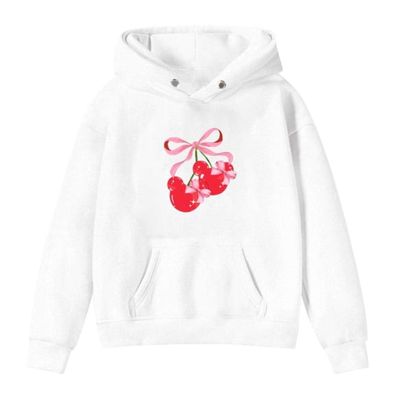 WOYY Girls Casual Hoodie Cute Cherry Print Hooded Sweatshirt Long Sleeve Pullover, Sizes 3-13