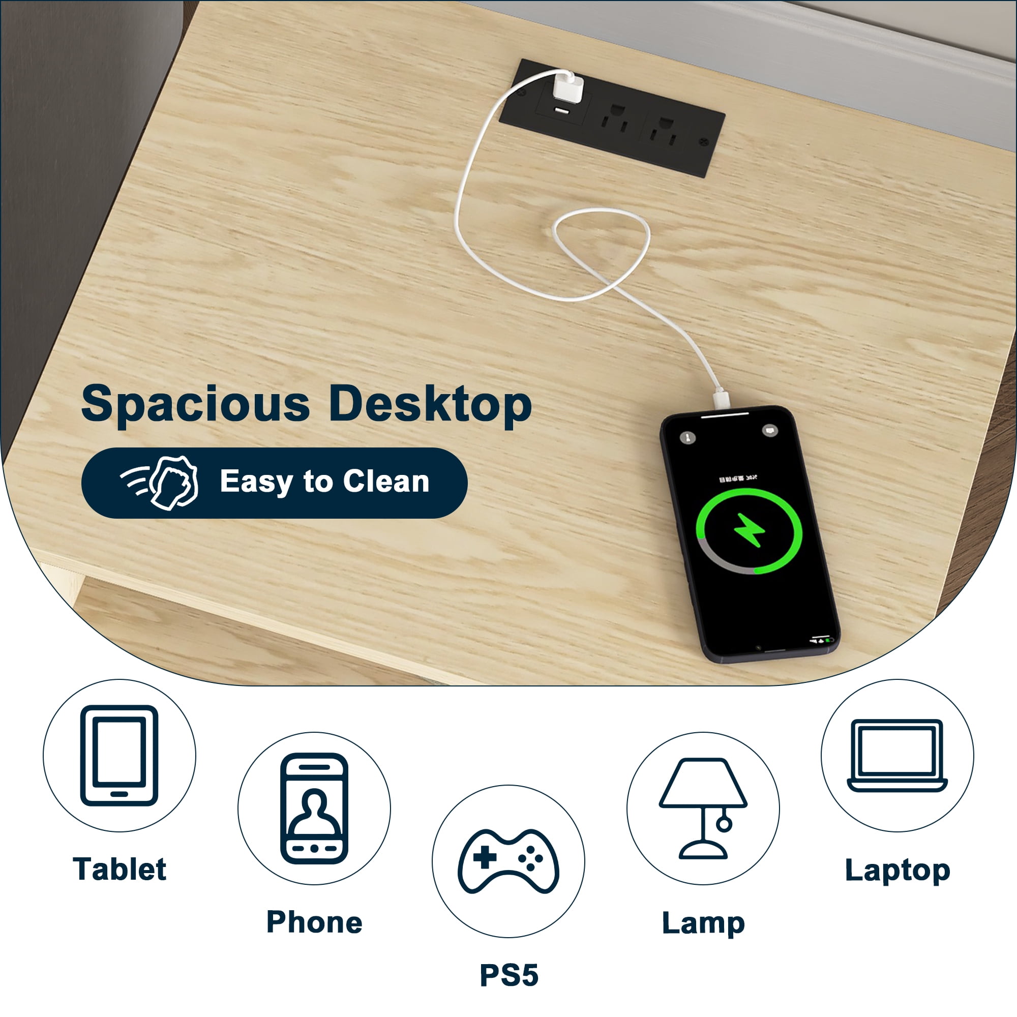 Demi Bonn 18" Side Table with Fast Charging Station USB C Cable Fast Charging, End Table Nightstand with Drawer and Shelf for Bedroom, Living Room, Beige