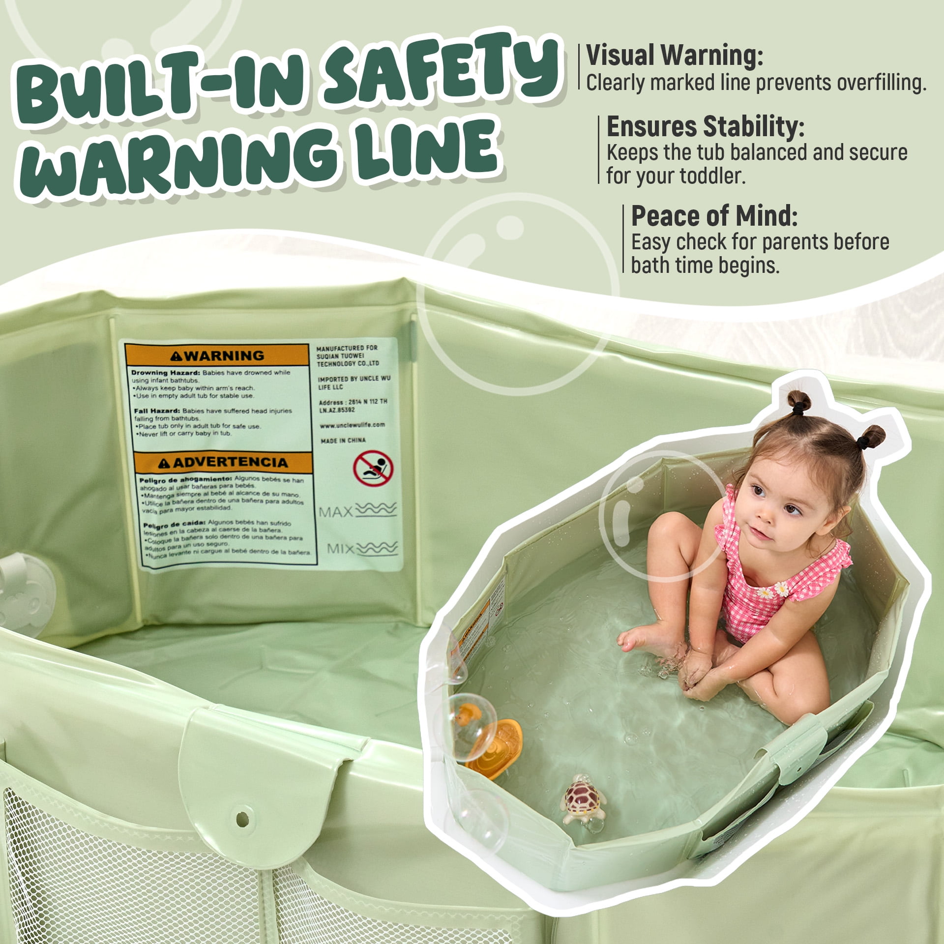 UNCLE WU Foldable Baby Bathtub for Toddlers (12M-5Y) – Portable Travel Bath Tub Converts Shower to Tub – Large Deep Collapsible Basin with Mesh Storage Pockets, Non-Slip & Fast Draining