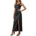 thumbnail image 4 of Vestido de satén INSPIRE CHIC para mujer con fruncido en la parte delantera, elegante para invitadas de boda, con tirantes anchos, vestido maxi partido en S negro, 4 of 5