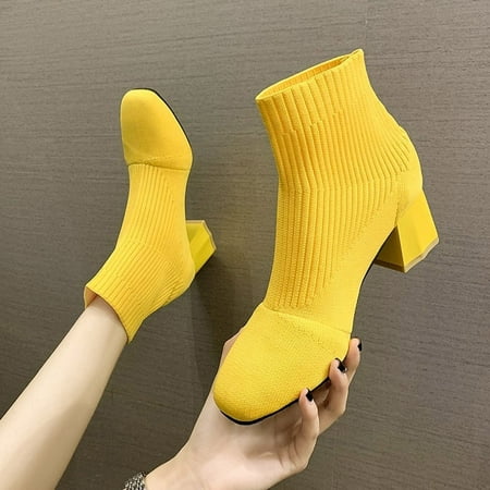

Cathalem Boots Women Low Heel Fashion Women Mesh Solid Color Autumn Thick Sole Square Heels Slip Dress Boots for Women Low Heel Yellow 6.5