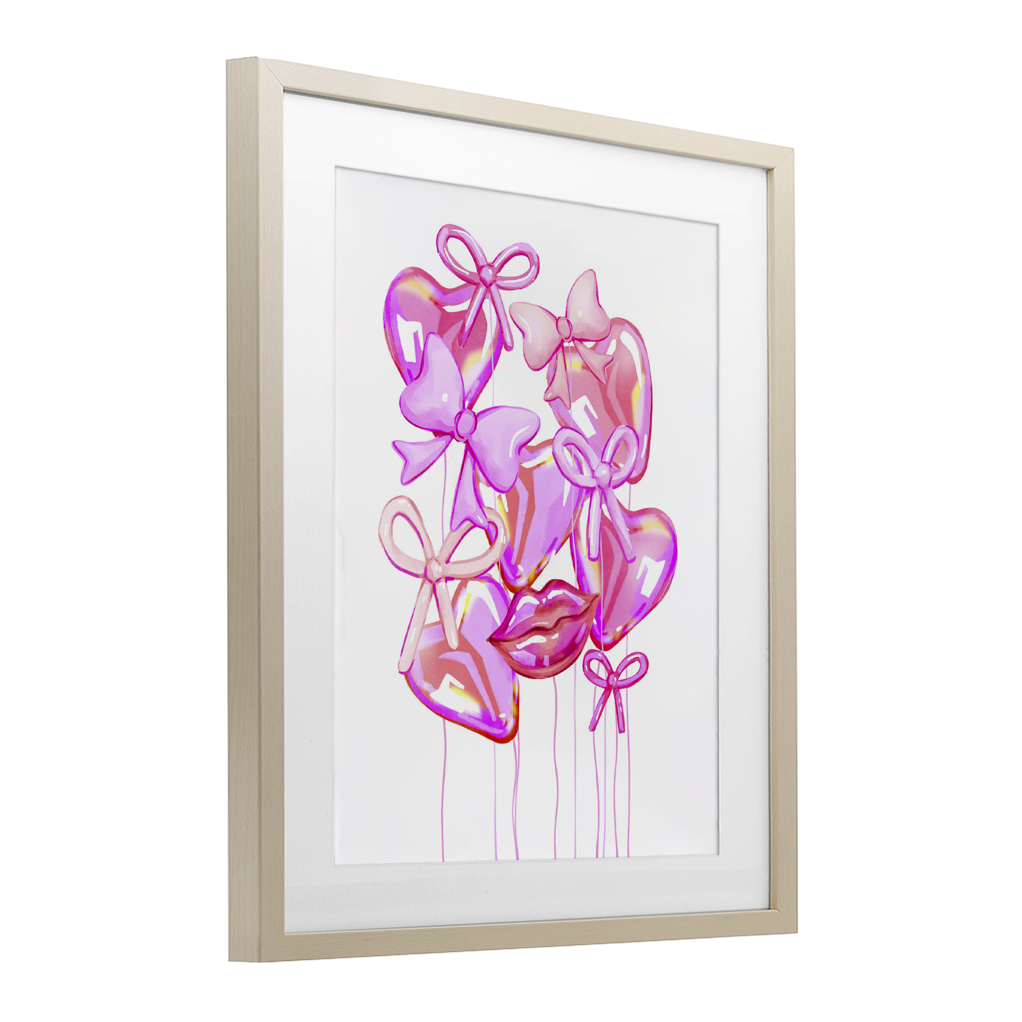 Pink Heart and Bow Balloons Birch Framed Print Under Glass, design by Ziwei Li