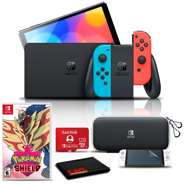 Nintendo Switch OLED Neón Azul/rojo con Escudo de Pokemon, Tarjeta de 128 Gb y Más