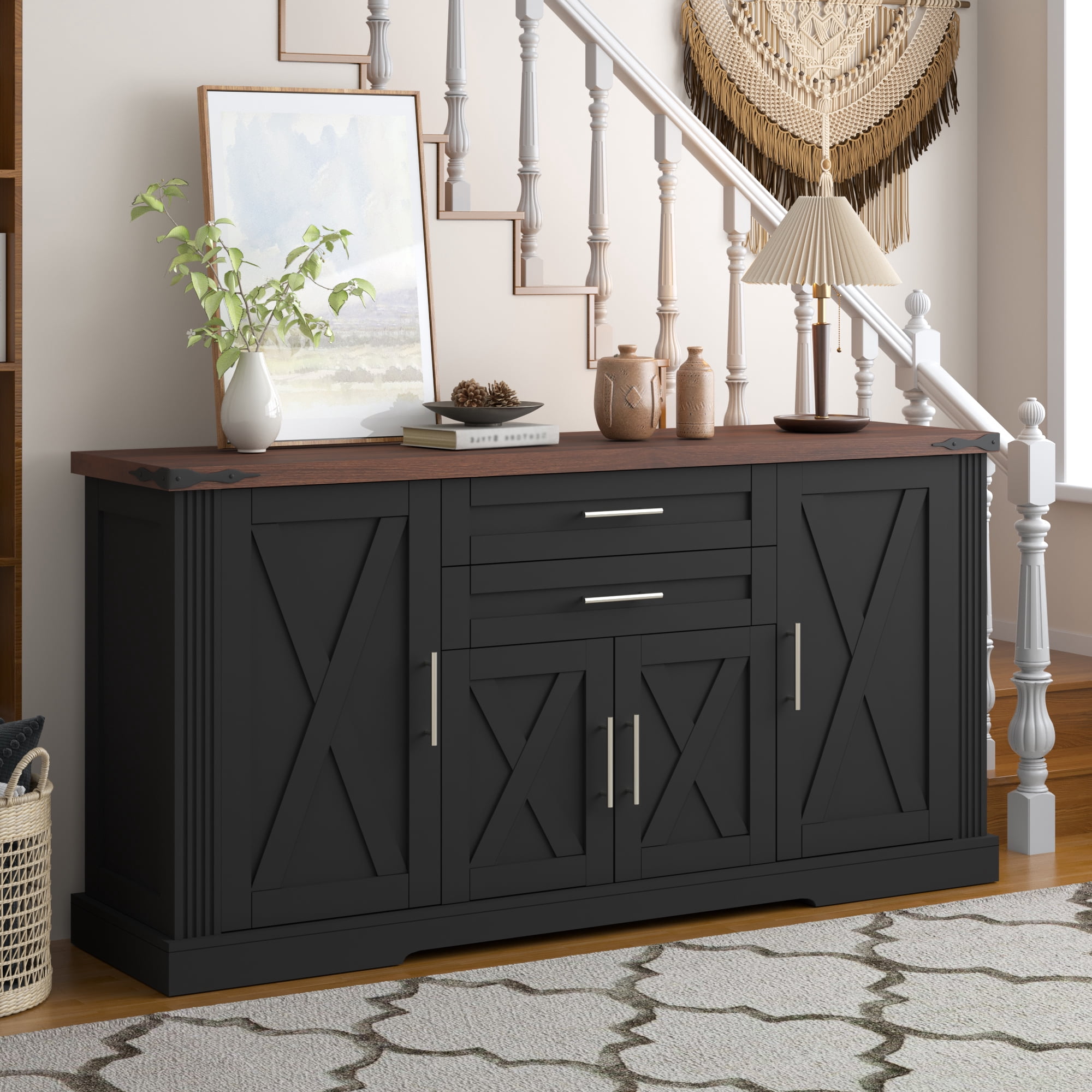 Mintazer 63" Farmhouse Sideboard Buffet Cabinet with 2 Drawers & Door Rack, Modern Storage Cabinet with Adjustable Shelves for Entryway Kitchen Living Room Dining Room, Black