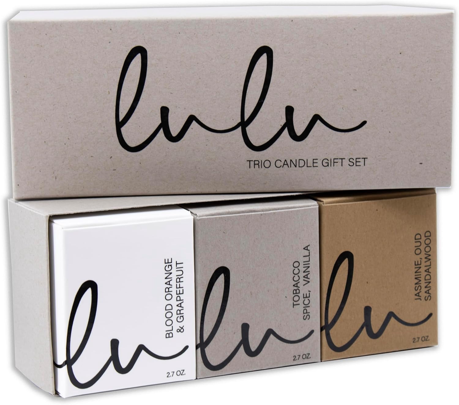 Lulu Candles | Jasmine, Oud & Sandalwood, Tobacco Spice & Vanilla, Blood Orange & Grapefruit | Luxury Scented Soy Jar Candle | Hand Poured in The USA | Highly Scented (Gift Set 3 PC - 2.7 Oz Votives)
