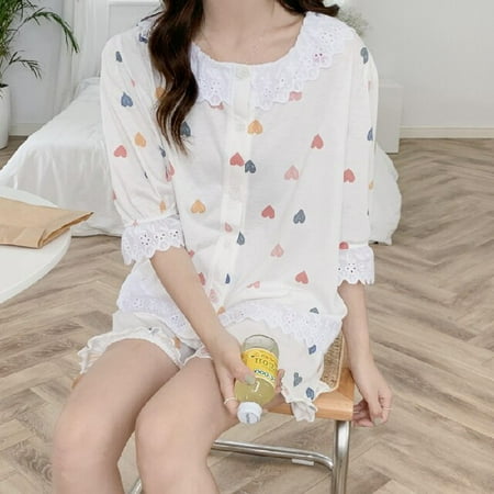 

DanceeMangoo 2 Piece Set Home Clothes for Women Lace Pants Pajamas for Women Cotton Sleepwear Suit Summer Pyjamas Women Button Loungewear Set