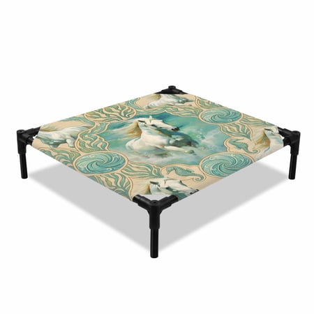 Vintage Art Elevated Dog Bed Aesthetic White Horse Green Coastal Seahorse Seagrass Cooling Breathable Outdoor Raised Dog Cot Bed with Metal Frame Non-Slip Feet for Small Dog 20x20in