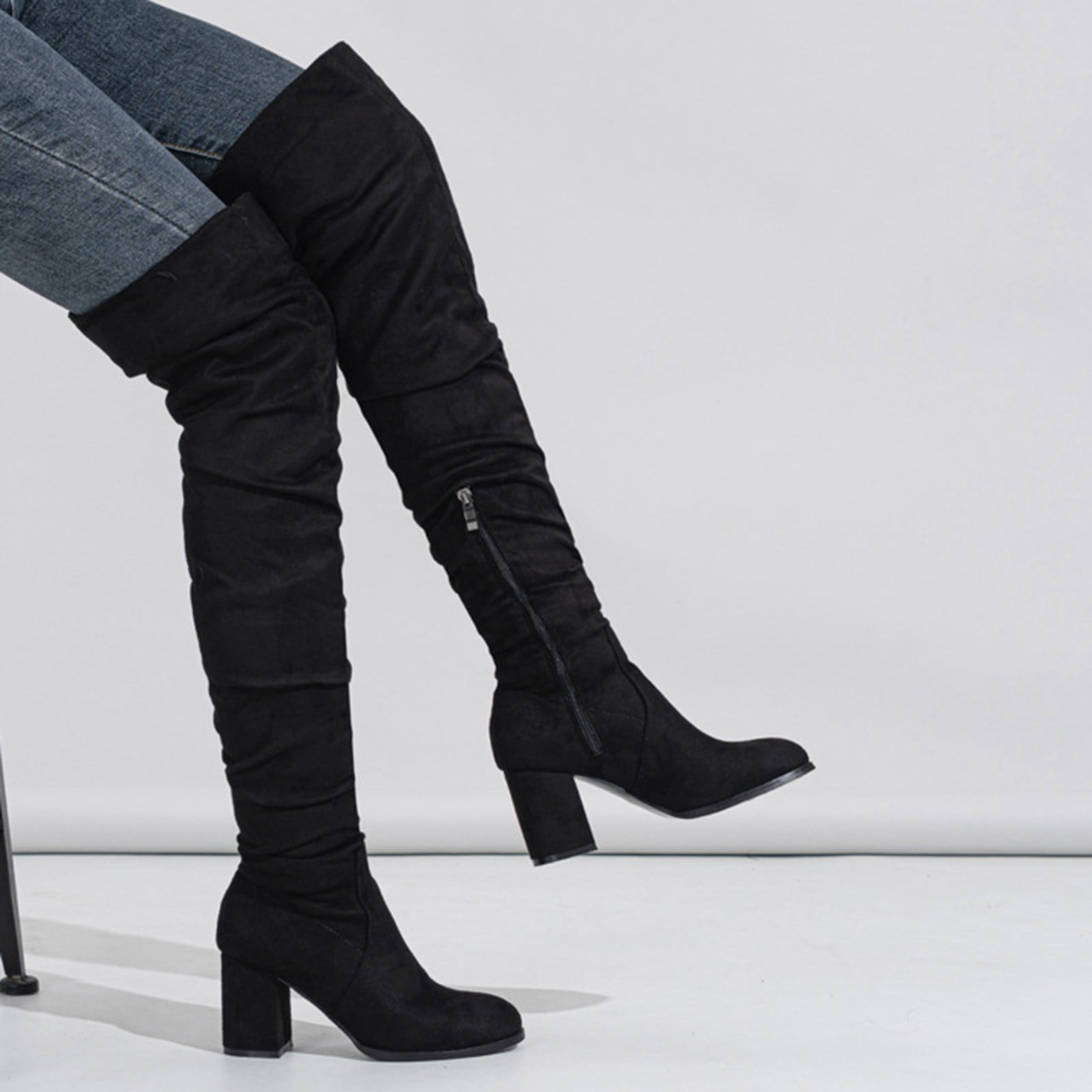 Adult Women Shoes Knee High Wide Calf Boots for Women plus Size Women Shoes Fashion Knee Long Boots Thick High Heels Over Knee Pleated Female Shoes Black 9 Walmart