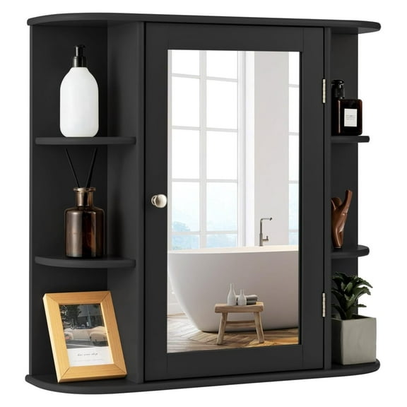 Medicine Cabinet, Bathroom Wall Cabinet w/Mirror Door & 3 Adjustable Shelves, Wall-Mounted Bathroom Cabinet w/ 6 Open Shelves for Toilet, Laundry Room
