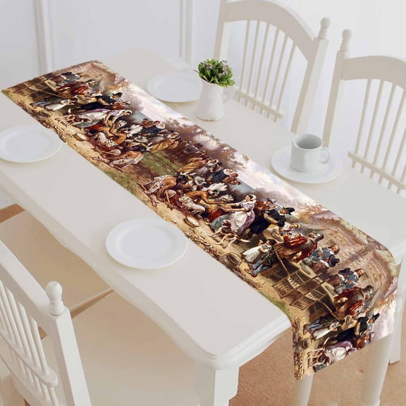 PKQWTM The First Thanksgiving Painting Cotton and Linen Table Runner Kitchen Dining Room Supplies Size 14x72 Inch