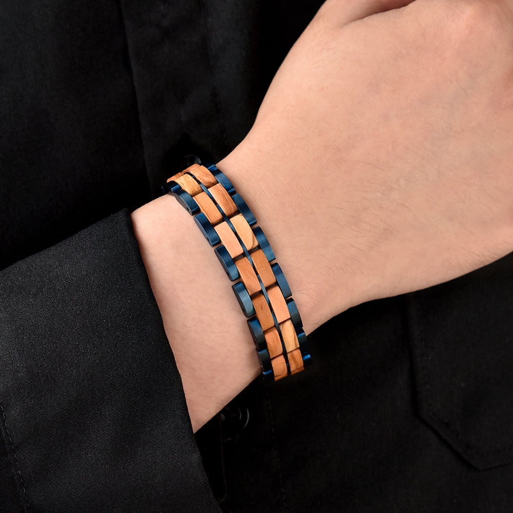 Wollet Mens Wooden Bracelet Stylish Wood & Stainless Steel Wooden Jewelry Gift for Men