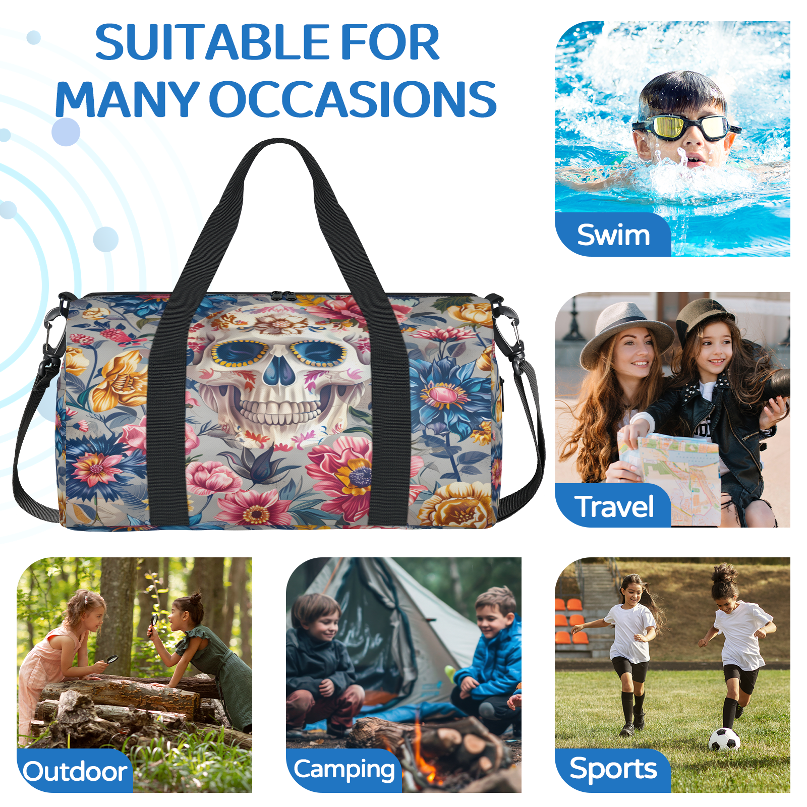 Herdesigns Skull Floral Travel Duffle Bag Sports Yoga Weekender Overnight Carry on Workout Bags Lightweight Waterproof Gym Tote Bag for Women Skeleton Floral Day of The Dead