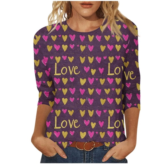 successthop Valentine Blouse Women Heart Trendy Plus Size Crewneck Tops Streetwear 3/4 Sleeve Shirt Festival Clothes 3XL