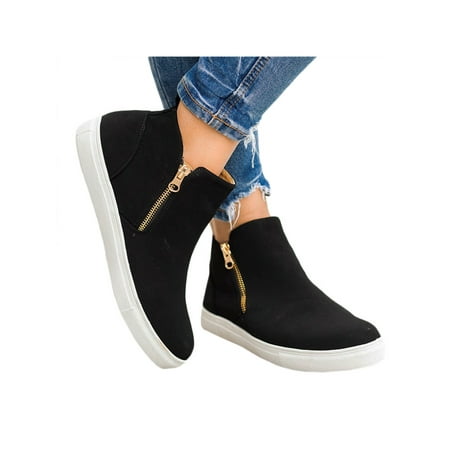 Women's Zipper Casual Flats Slip On Ankle Boots Low Top Pointed