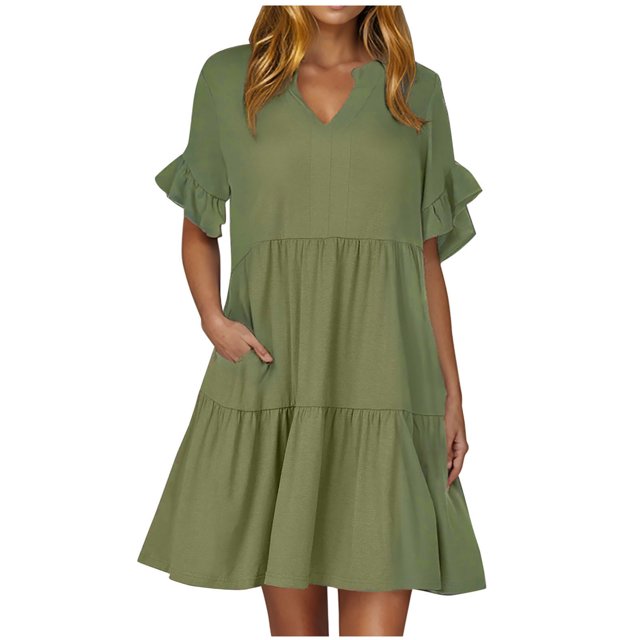 Robe Midi Évasée à Étages Décontractée pour Femmes, à Volants, Manches Courtes, Col en V, Ligne A, Ample, Robes d'Été Fluides, Robe Chemise Évasée Mini avec Poches