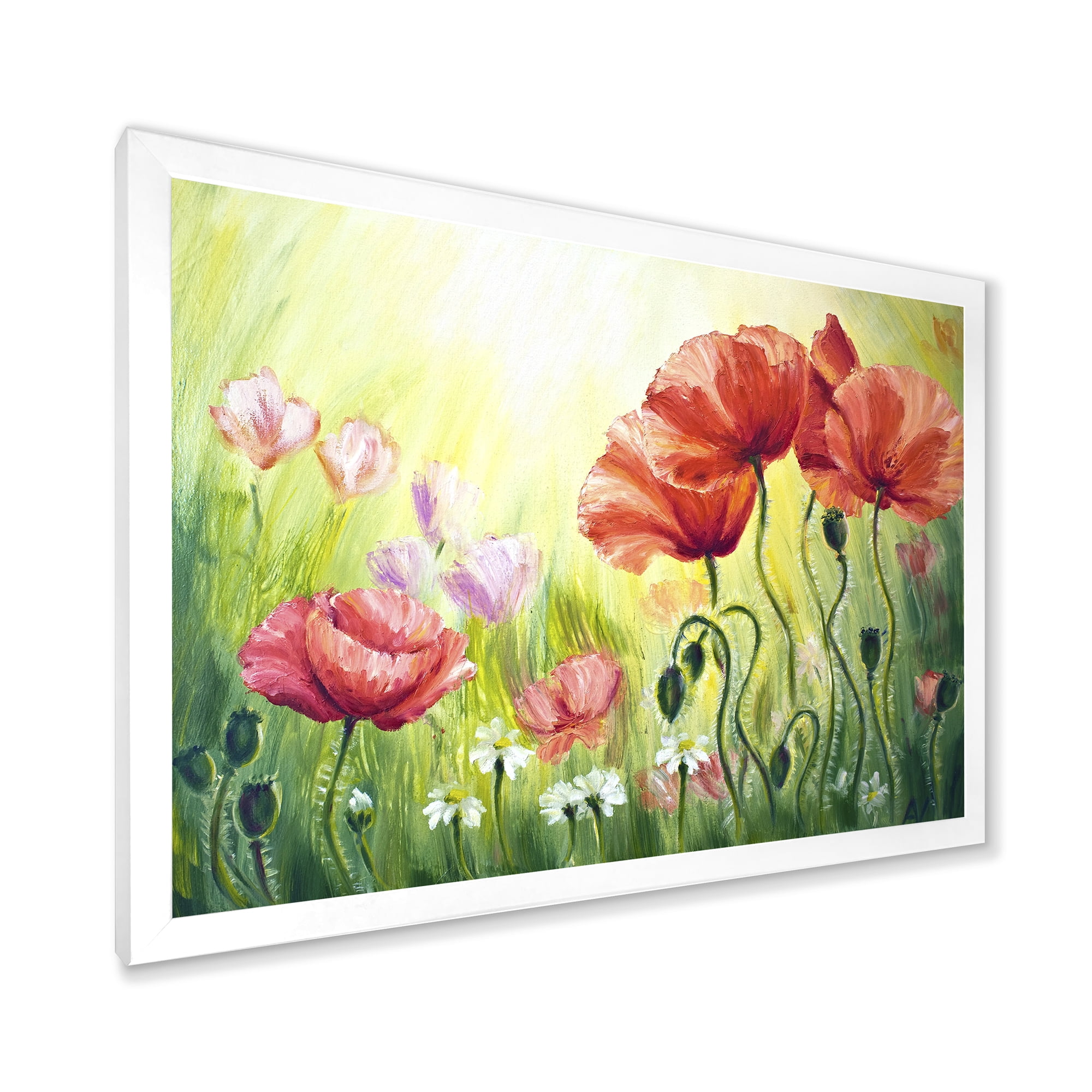 Designart 'Blossoming Red and Purple Poppies In The Morning I' Traditional Framed Art Print