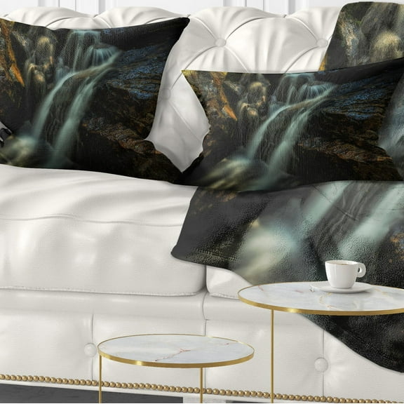 Designart Slow Motion Waterfall in Summer - Landscape Printed Throw Pillow - 12x20