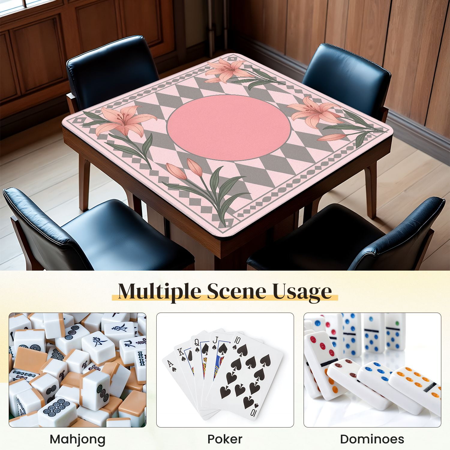 Mahjong Mat 31.5" x 31.5" Elegant Pink Floral Design Anti-Slip and Noise Reduction Symmetry Design Mahjong Tiles Table Cover for Dominoes Poker Card Board and Tile Games