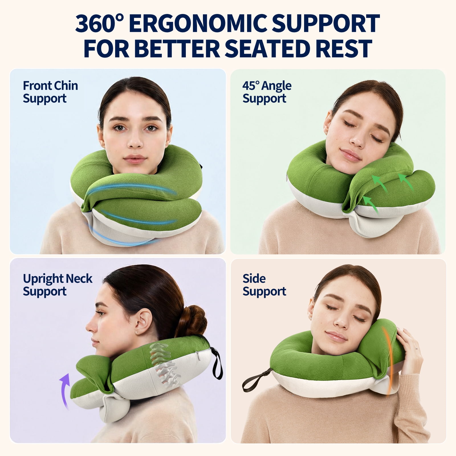 BUYUE Travel Neck Pillows for Airplanes, 360° Head Support Sleep for Long Flight, Skin-Friendly & Breathable, Kit with 3D Contoured Eye Mask, Earplugs and Storage Bag (Adult, Green, 90+ lbs)